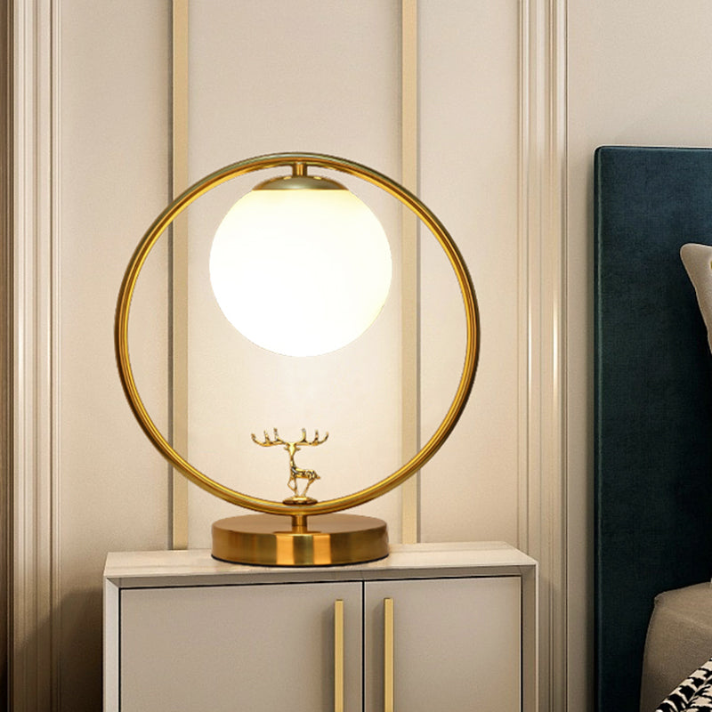 Ball Bedside Nightstand Light Opal Glass 1-Bulb Retro Style Desk Lampe With Metal Deer Deco en or