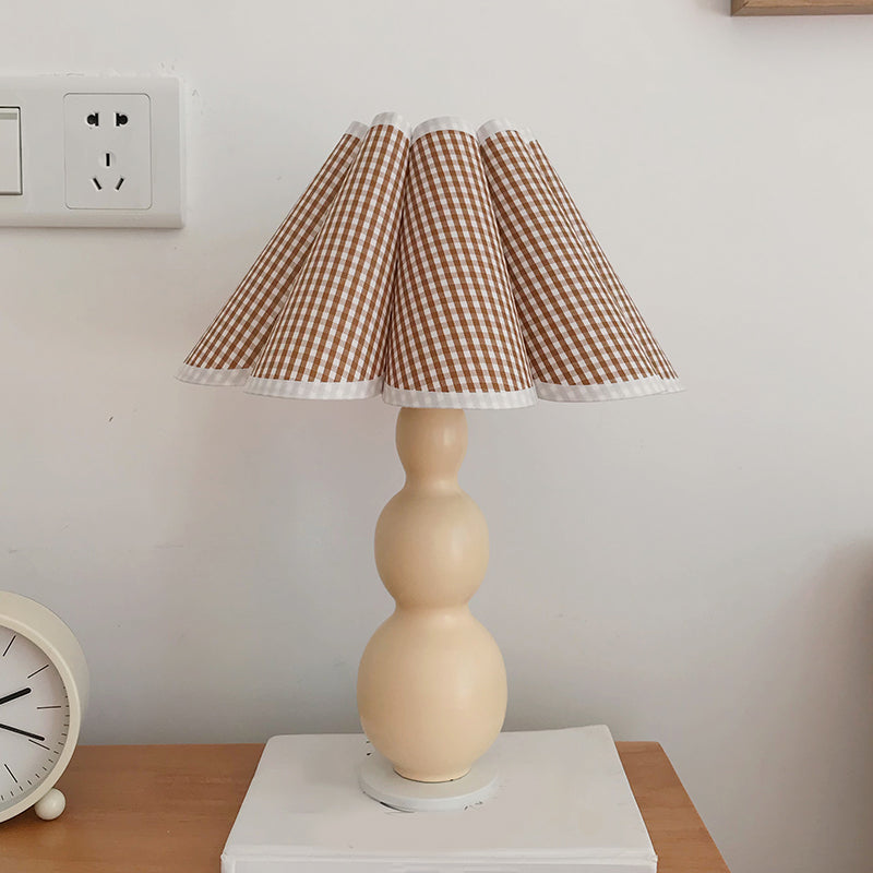 Nordic Flared Night Lamp Fabric 1-Bulb Bedside Table Lighting with Porcelain Gourd Base in Coffee/Beige