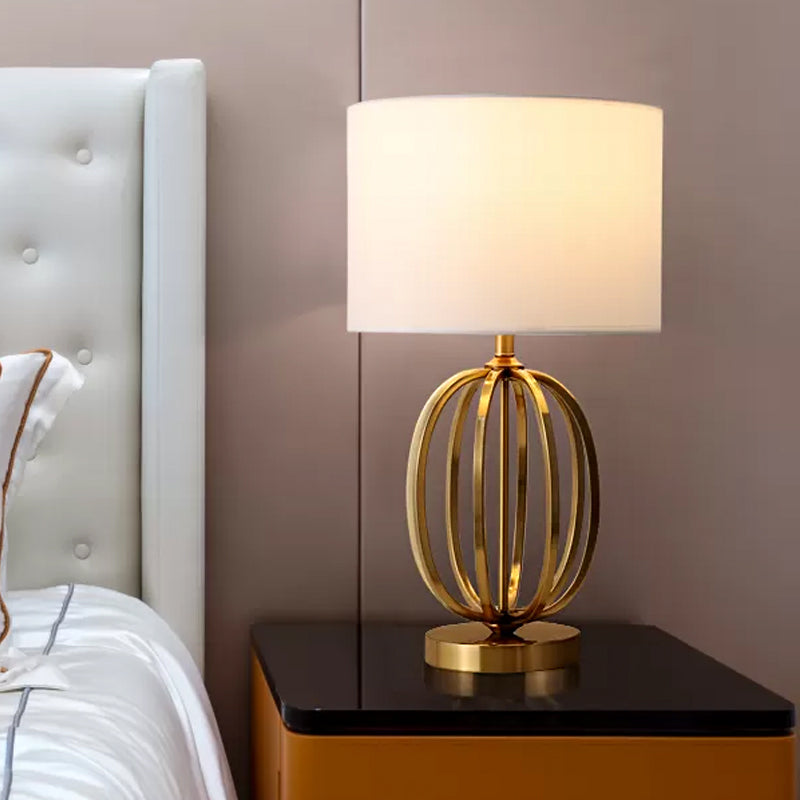 Fabric Drum Shade Night Light Vintage Single Bulb Parlor Table Lamp with Oval Frame Base in Gold