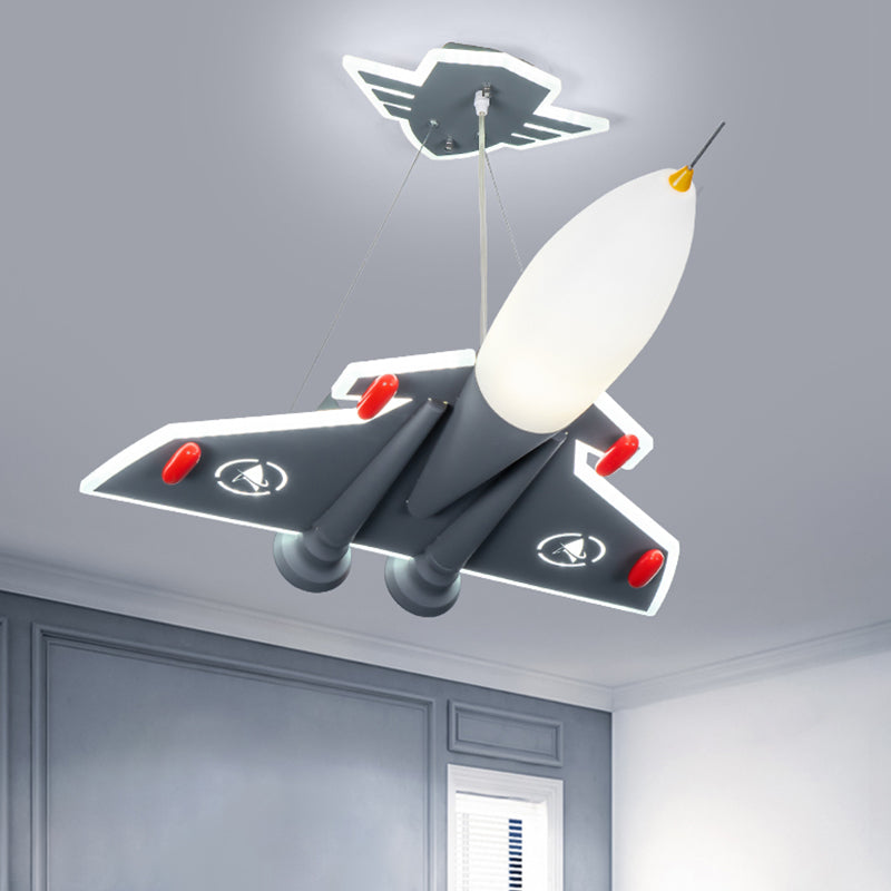 1-Bulb Kids Room Ceiling Pendant Light Cartoon Grey Chandelier with Aircraft Acrylic Shade