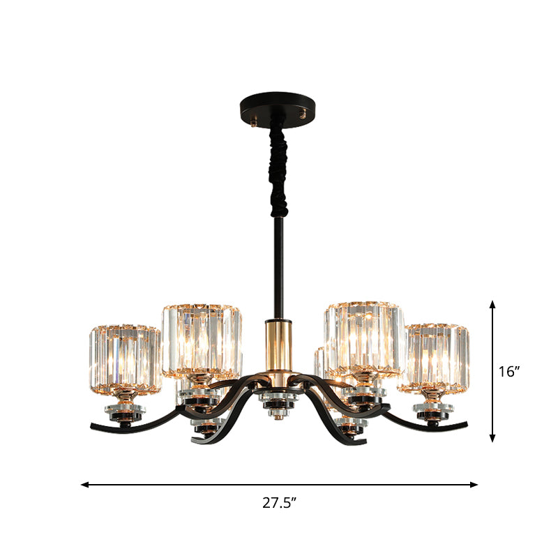 Simple Cylinder Hanging Ceiling Light Crystal Prisms 6-Bulb Bedroom Chandelier Lamp in Black