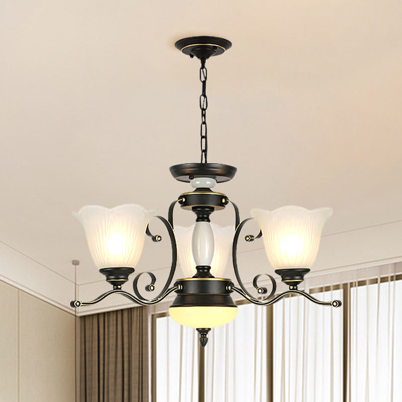 3/6 Heads Blossom Chandelier Lamp Traditional Black Opaline Glass Suspension Lighting with Scroll Arm