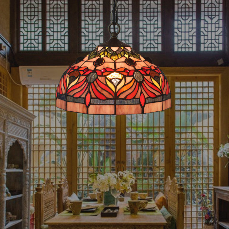 Bowl Shade Hanging Light Fixture Tiffany Stained Glass 1 Light Red Finish Drop Pendant for Dining Room