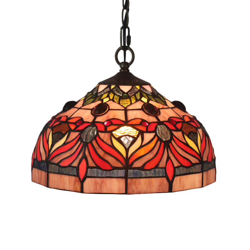 Kom schaduw hangend lamp bakje Tiffany gebrandschilderd glas 1 licht rode afwerking druppel hanger voor eetkamer