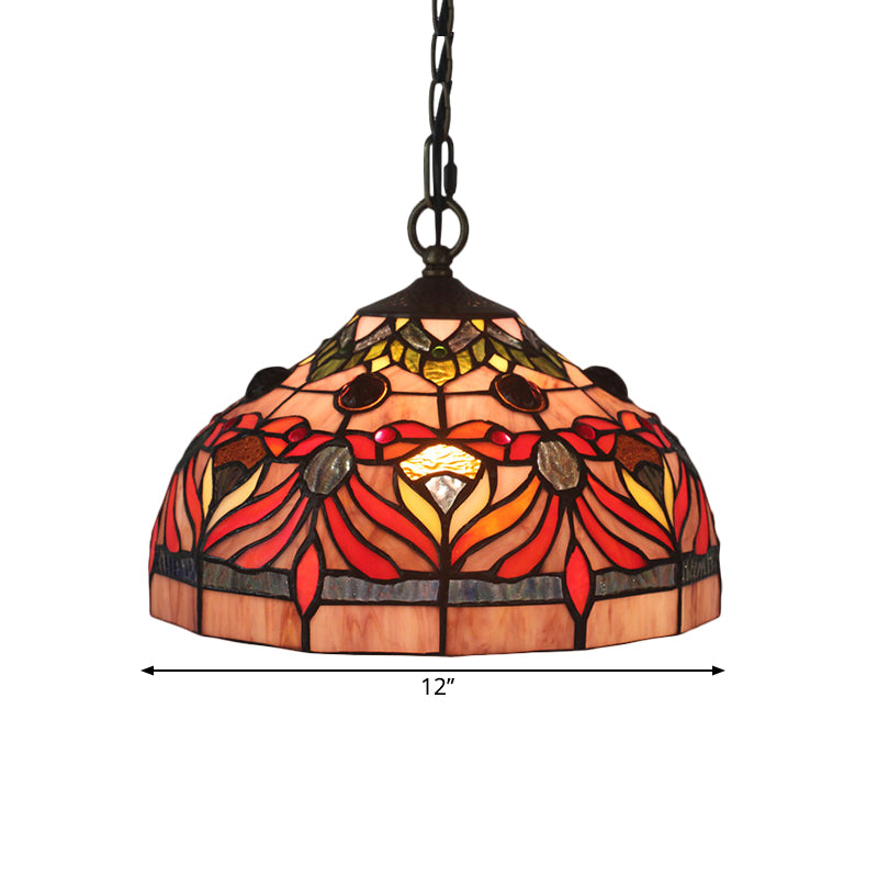 Kom schaduw hangend lamp bakje Tiffany gebrandschilderd glas 1 licht rode afwerking druppel hanger voor eetkamer