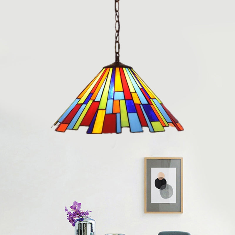 Mission Cone Pendulum Light 8"/13" W 1 Bulb Stained Glass Suspension Lamp in Brass with Rectangle Pattern