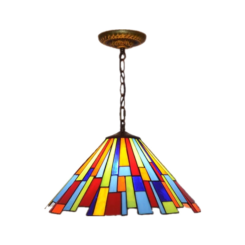 Mission Cone Pendulum Light 8"/13" W 1 Bulb Stained Glass Suspension Lamp in Brass with Rectangle Pattern