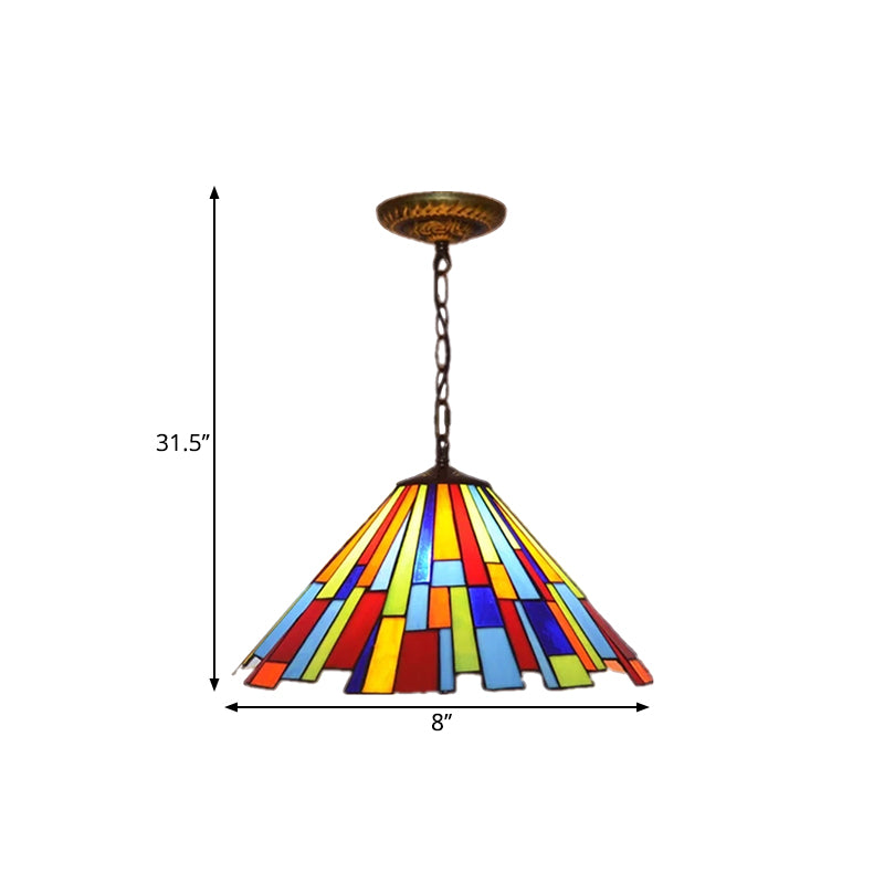 Mission Cone Pendulum Light 8"/13" W 1 Bulb Stained Glass Suspension Lamp in Brass with Rectangle Pattern