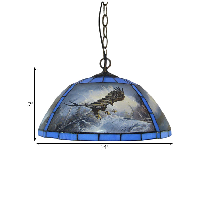 Cut Glass Domed Hanging Light Kit Victorian 1 Bulb Yellow/Blue Pendant Lamp with Eagle Pattern for Dining Room