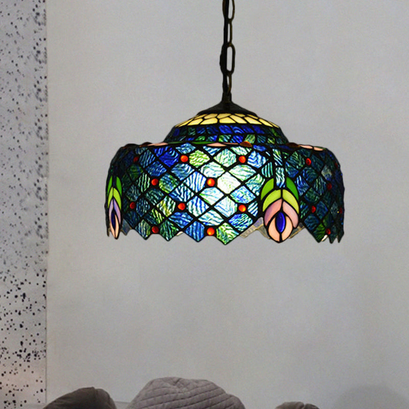 Lámpara colgante de tambor azul y verde Tiffany 1 linda luz de techo de vidrio cortado a mano con patrón de cola de pavo real