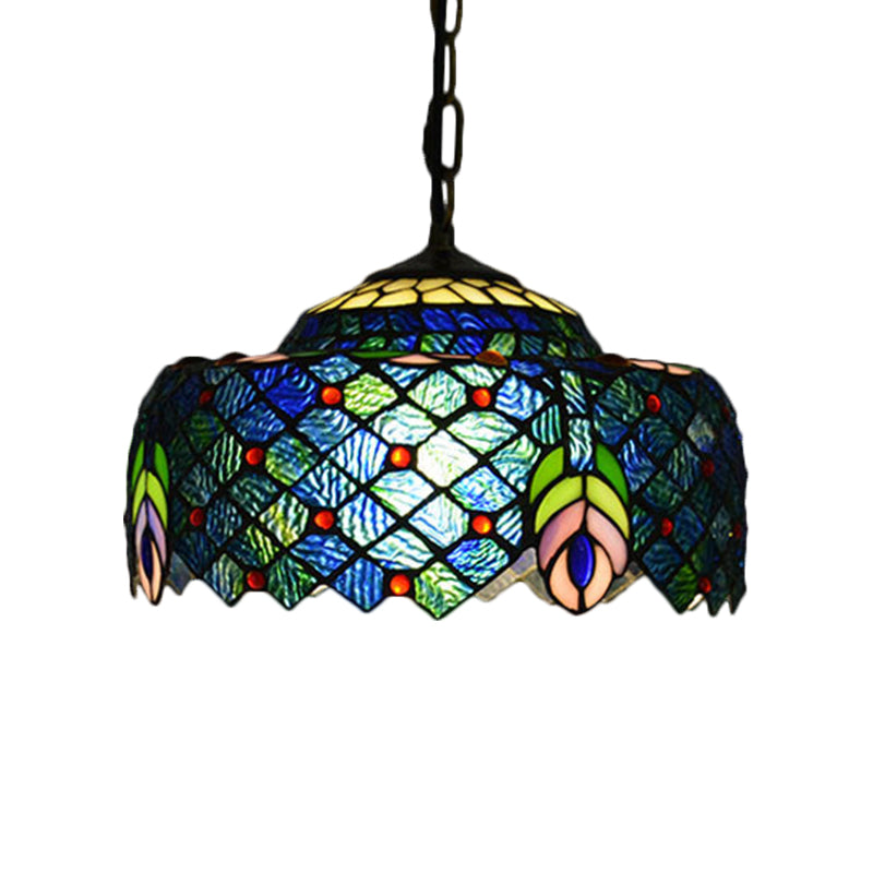 Lámpara colgante de tambor azul y verde Tiffany 1 linda luz de techo de vidrio cortado a mano con patrón de cola de pavo real