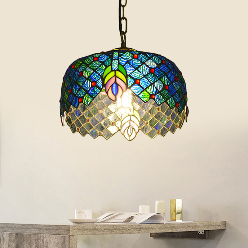 1 Light Peacock Tail Hanging Light Kit Méditerranéen Blue Cut Glass Pendant Éclairage avec tambour de tambour