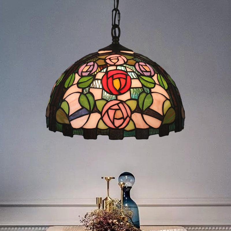 Green 1 Bulb Pendant Light Mediterranean Stained Glass Rose Patterned Ceiling Lamp with Dome Shade