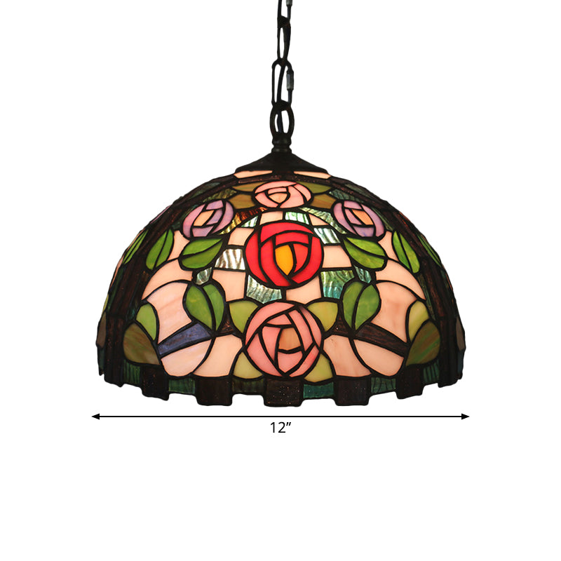 Green 1 Bulb Pendant Light Mediterranean Stained Glass Rose Patterned Ceiling Lamp with Dome Shade