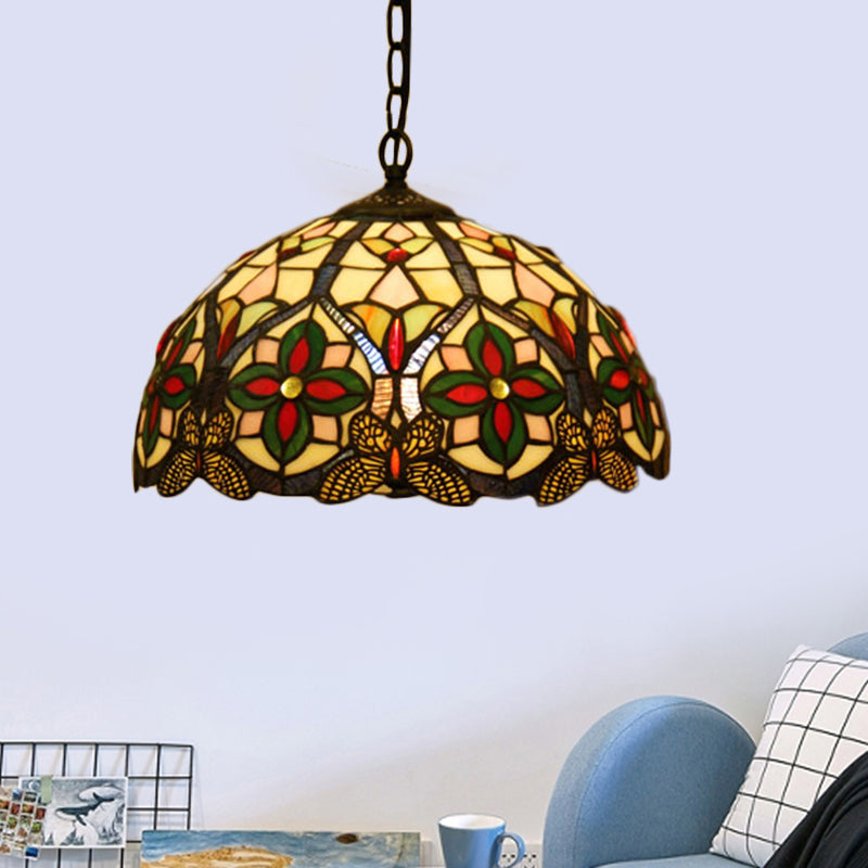 1 Head Drop Pendant Tiffany Bowl Stained Glass Hanging Light Fixture in Green with Flower Pattern