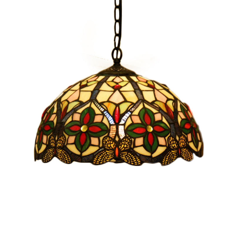 1 Head Drop Pendant Tiffany Bowl Stained Glass Hanging Light Fixture in Green with Flower Pattern