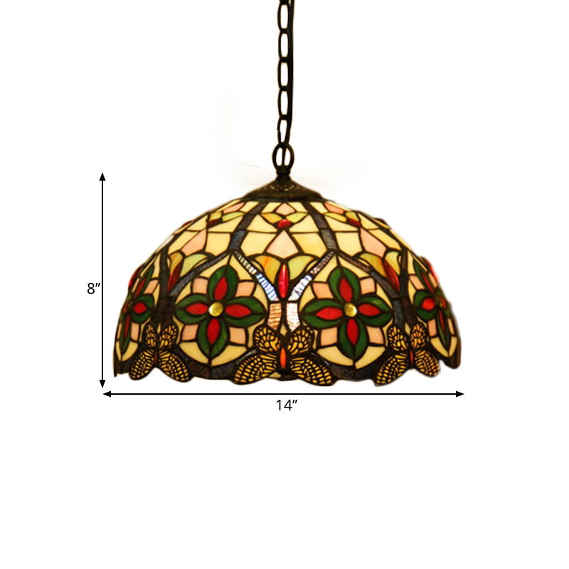 1 Head Drop Pendant Tiffany Bowl Stained Glass Hanging Light Fixture in Green with Flower Pattern