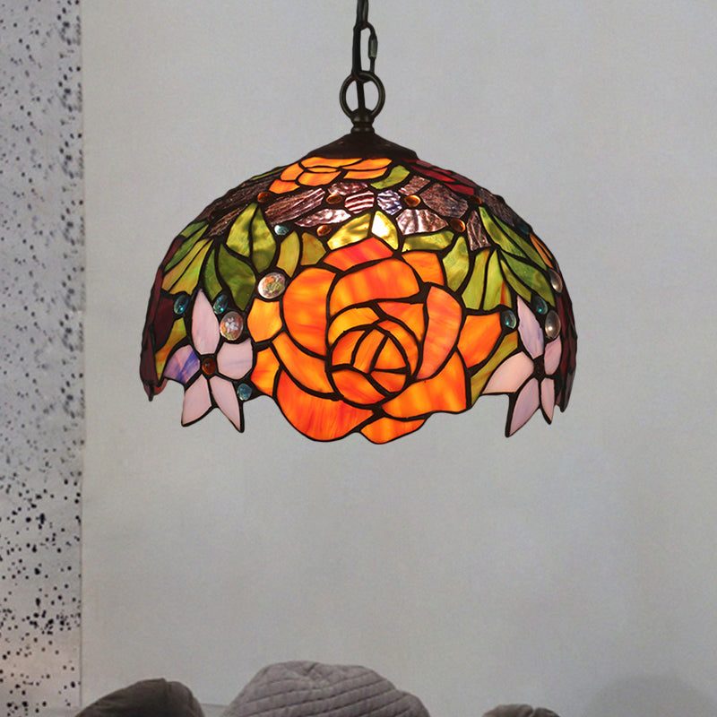 Dome Shade Cut Glass Pendant Lamp Victorian 1-Light Yellow Finish Hanging Ceiling Light with Blossom Pattern