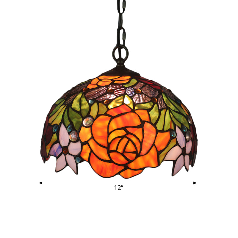 Dome Shade Cut Glass Pendant Lamp Victorian 1-Light Yellow Finish Hanging Ceiling Light with Blossom Pattern
