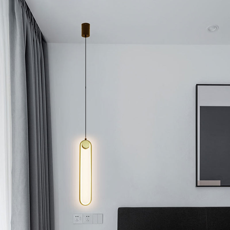 Simplicity Elliptical Pendant Lamp Metal LED Bedroom Hanging Light Kit in Gold, Warm/White Light