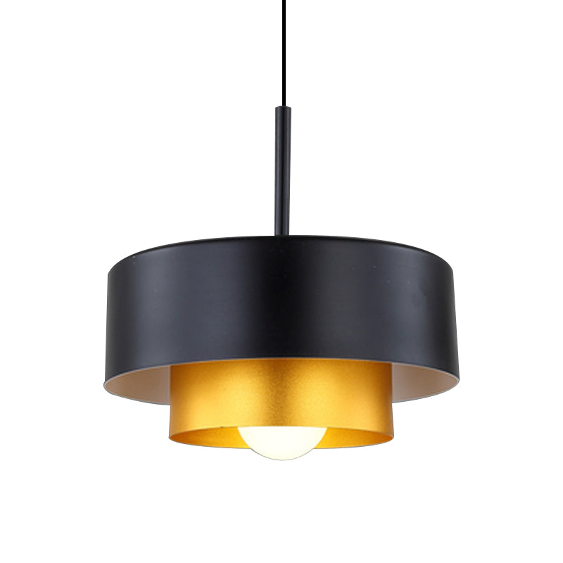 Lámpara de suspensión de tambor escalonada Metal moderno 1 Bulbo de techo negro/marrón luz colgante para comedor con difusor acrílico