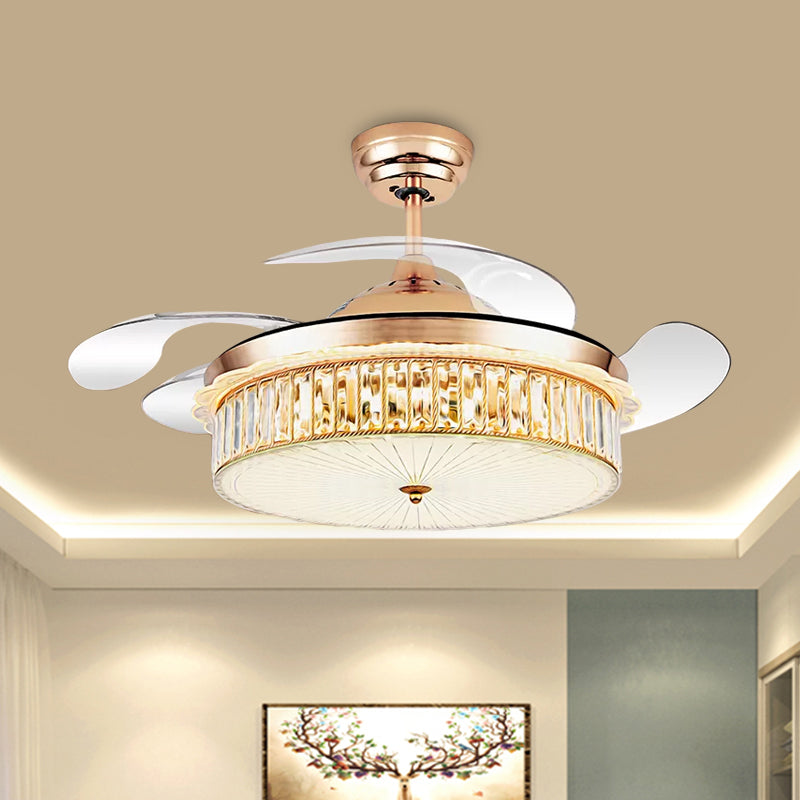 Trommelanhänger Lüfter Lampenlampenminimalist Kristall Rechteck Silber/Gold 19 "Breite LED Semi Flush mit 4-Blade