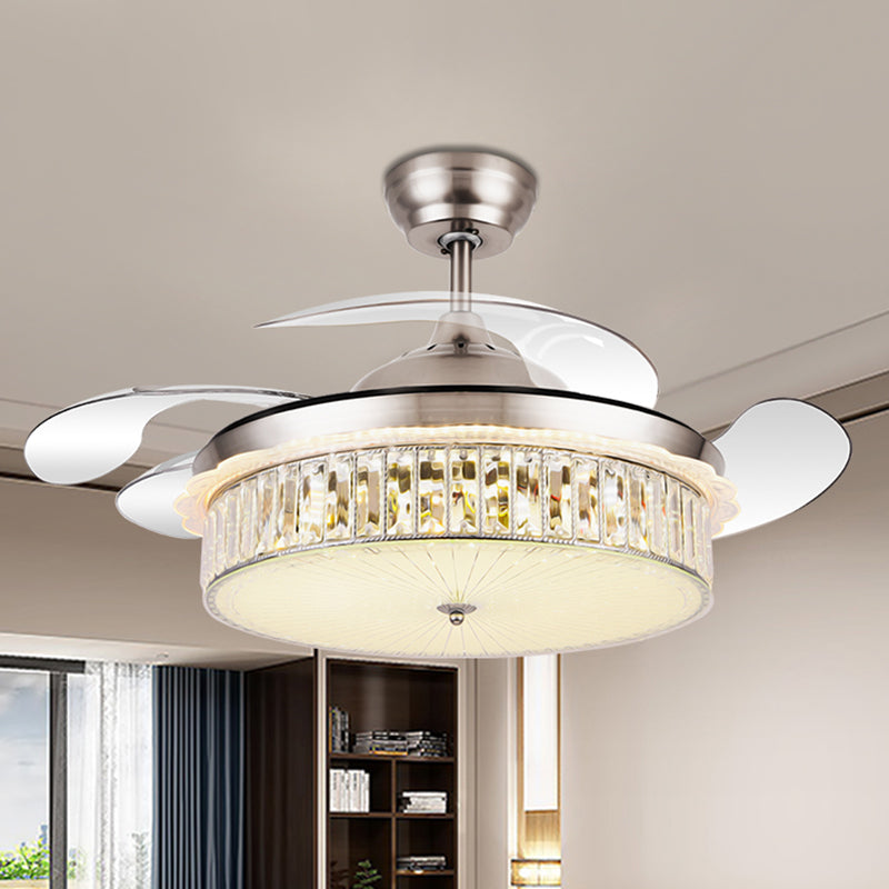 Trommelanhänger Lüfter Lampenlampenminimalist Kristall Rechteck Silber/Gold 19 "Breite LED Semi Flush mit 4-Blade