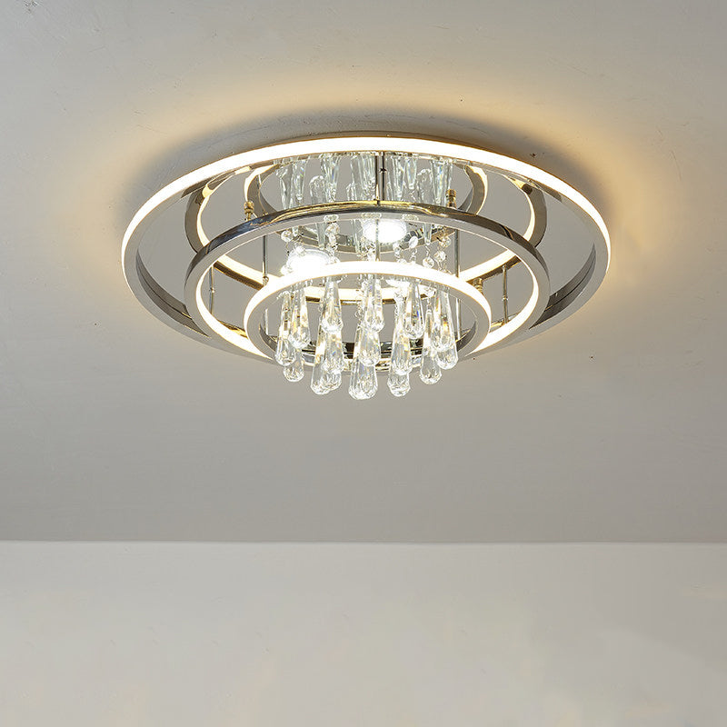 Modernismus Ringe Deckenmontage Leicht Metall Wohnzimmer LED SEMI Flush mit Kristallsträngen in Chrom