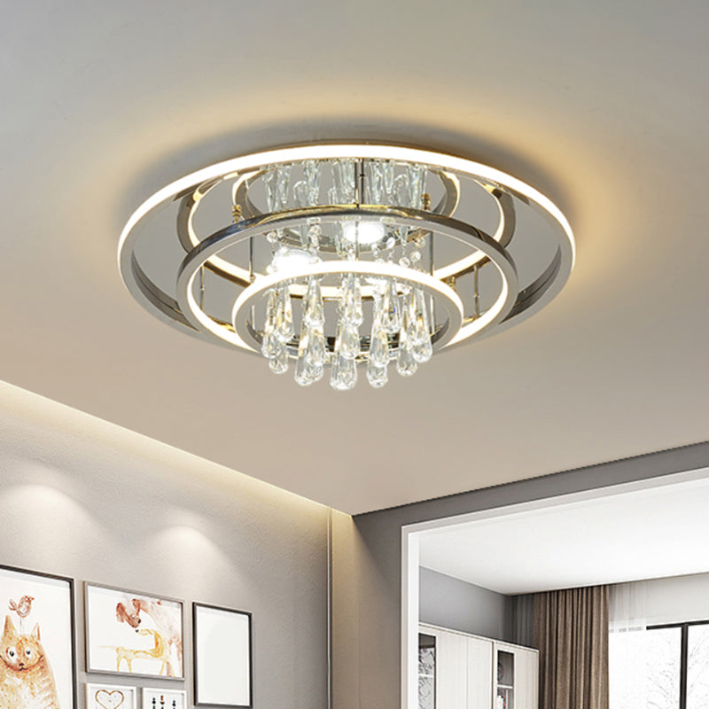 Modernismus Ringe Deckenmontage Leicht Metall Wohnzimmer LED SEMI Flush mit Kristallsträngen in Chrom