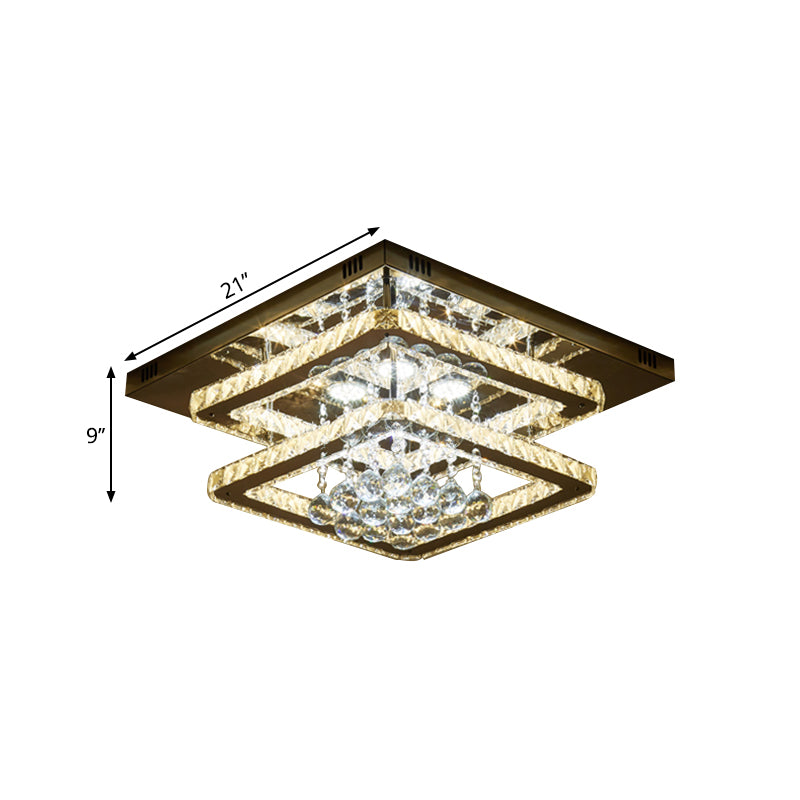 Dual Squares Faceted Crystal Semi Flush Simple LED Chrome Ceiling Lighting with Droplet