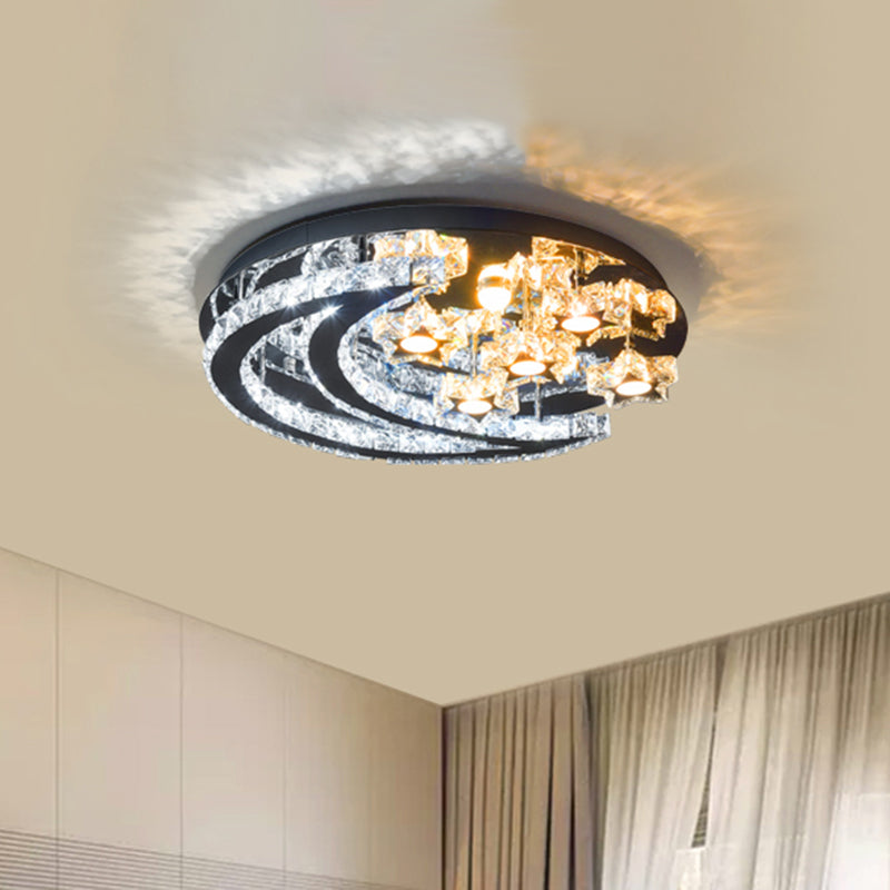 LED Great Room Semi Mount Lighting Modernism Chrome Ceiling Flush with Crescent and Star Crystal Shade