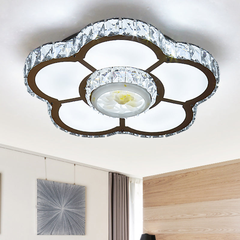 Simple LED Semi Flush Mount Light Chrome Flower Ceiling Lamp with Beveled Crystal Shade