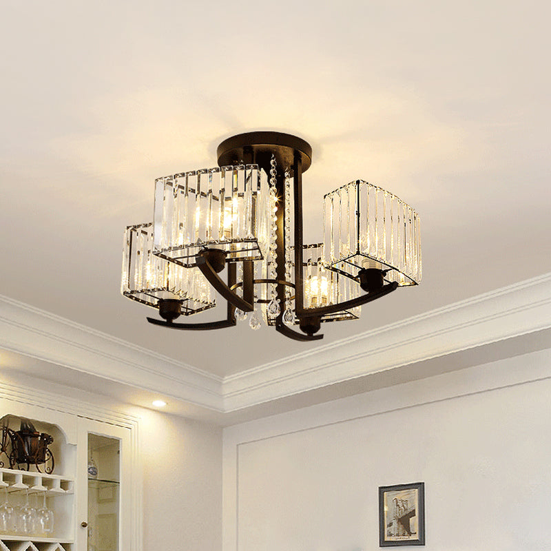 Eenvoudige stijl 5-kops plafondverlichting Zwarte kubusvormige semi-flush kroonluchter met heldere kristallen kap