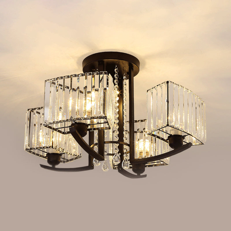 Simple Style 5 Heads Ceiling Lighting Black Cuboid Semi Flush Chandelier with Clear Crystal Shade