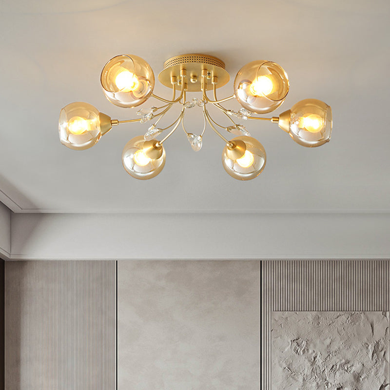 Amber Glass Ball Ceiling Flush Mount Modernist 6 Bulbs Gold Semi Flush Light with Teardrop Beveled Crystal Deco