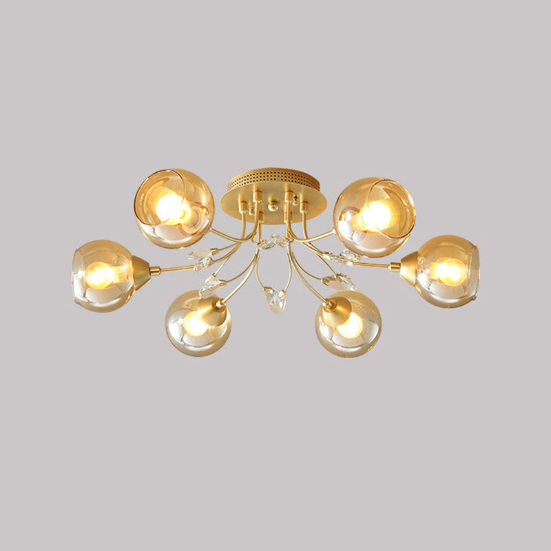 Amber Glass Ball Ceiling Flush Mount Modernist 6 Bulbs Gold Semi Flush Light with Teardrop Beveled Crystal Deco