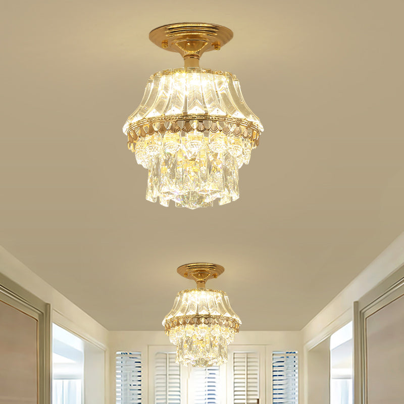 Rectangle-Cut Crystal Tiered Semi Flush Contemporary LED Ceiling Mount Light Fixture in Gold