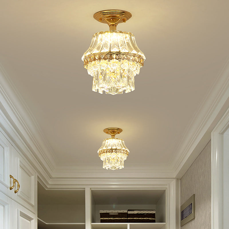 Rectangle-Cut Crystal Tiered Semi Flush Contemporary LED Ceiling Mount Light Fixture in Gold