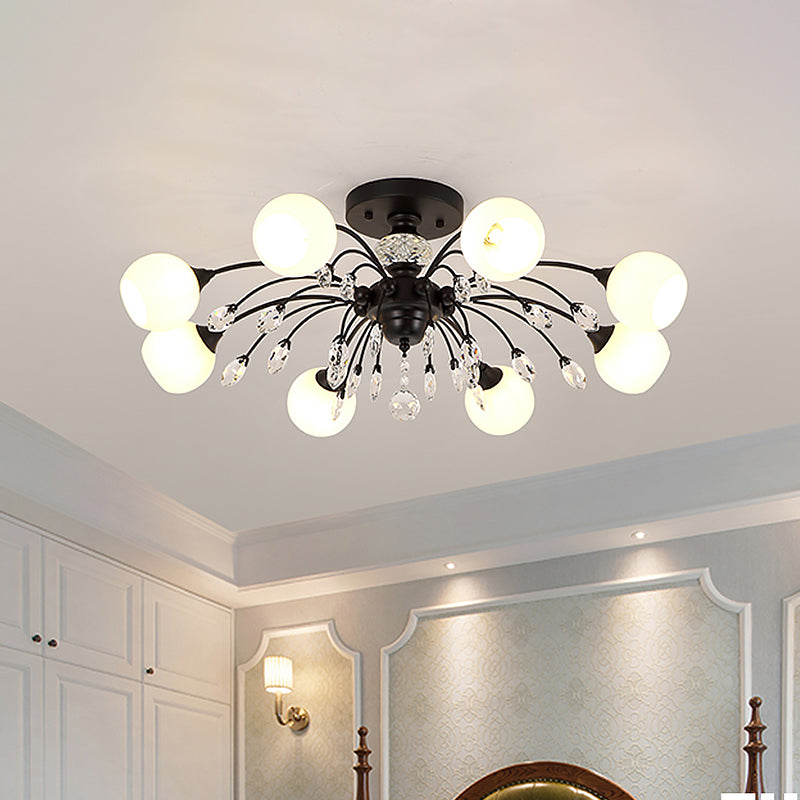 Opal Glass Spoutnik Globe Semi Flush Modernisme 8-Bulb plafond monté Aménagement avec déco cristallin en noir