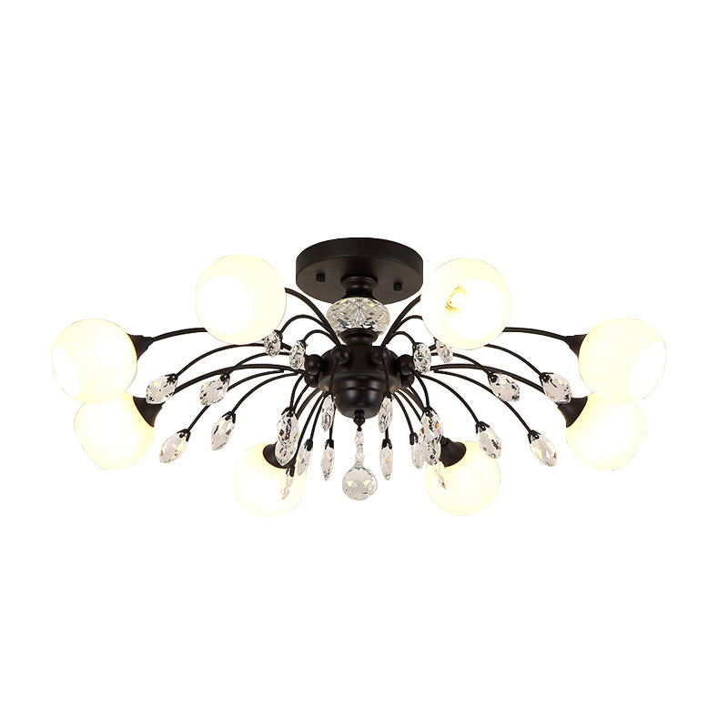 Ópalo de vidrio Sputnik Globe Semi Flush Modernismo de 8 bombas Cosco montado en el techo con cristal deco en negro