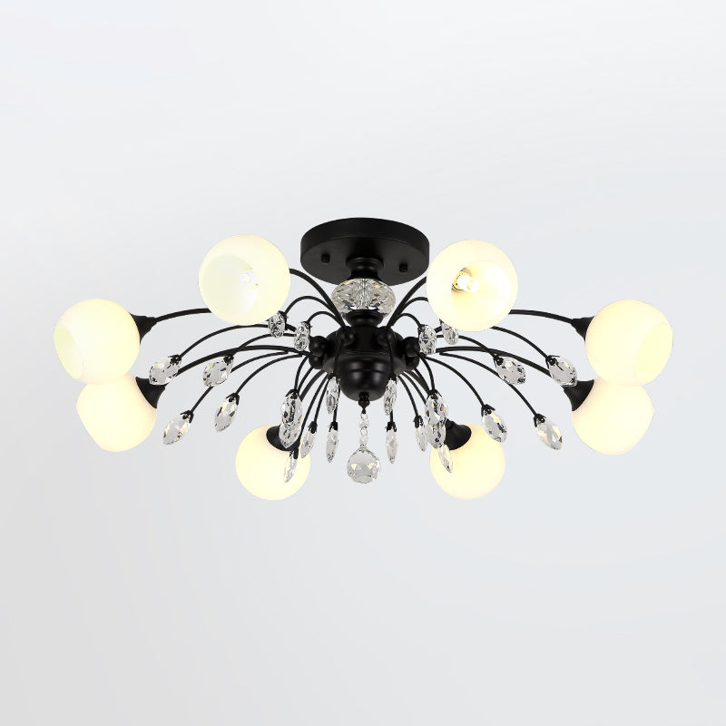 Ópalo de vidrio Sputnik Globe Semi Flush Modernismo de 8 bombas Cosco montado en el techo con cristal deco en negro