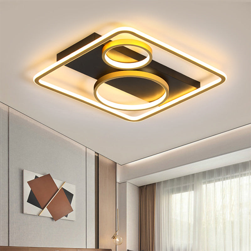 Square Flush Mount Lamp Modernist Metal LED Black Flush Light Fixture with Dual Rings Design