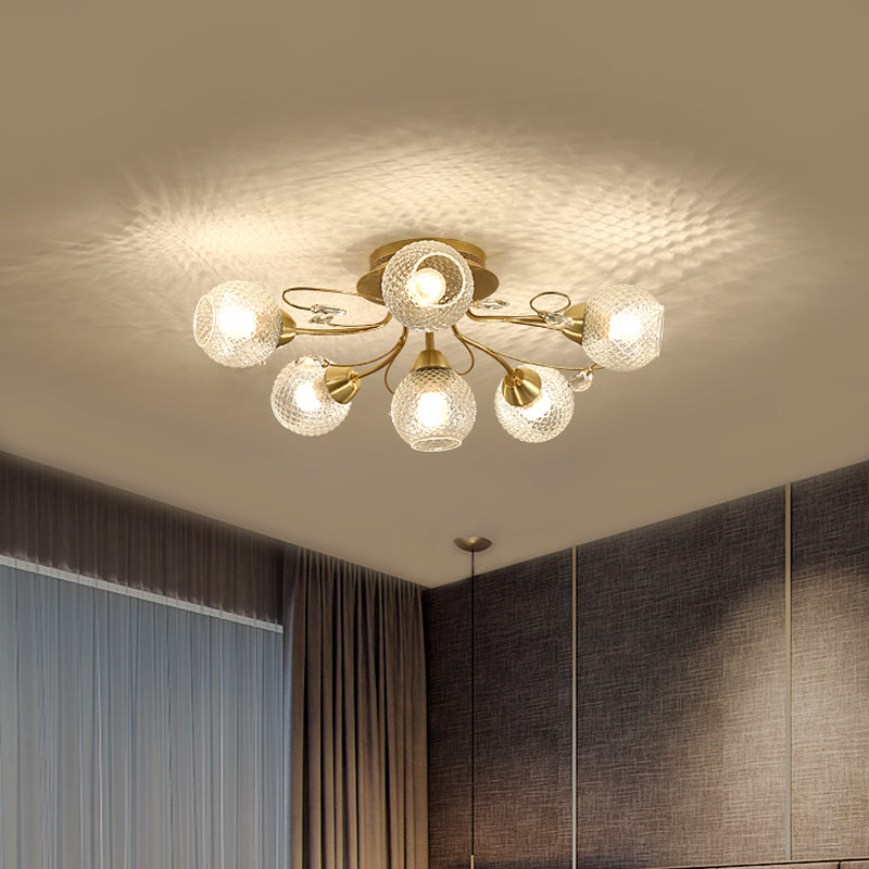 Plafond de plafond monétage minimalisme Verre en réseau transparent 6 ampoules noires / or semi-flush Light