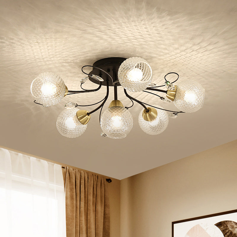 Plafond de plafond monétage minimalisme Verre en réseau transparent 6 ampoules noires / or semi-flush Light
