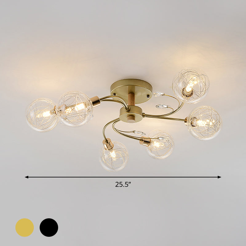 Helder glazen bol semi-inbouwlamp eigentijds 6-lichts zwart/goud dicht bij plafondverlichting