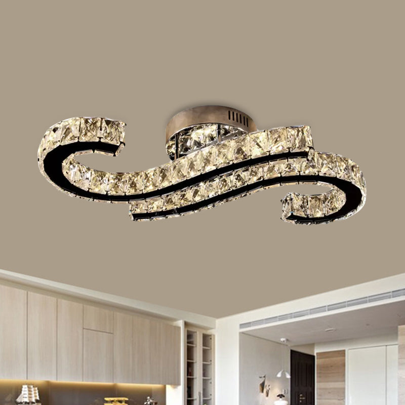 Hook LED Semi Mount Lighting Minimalist Faceted Crystal Stainless-Steel Ceiling Flush in Warm/White Light