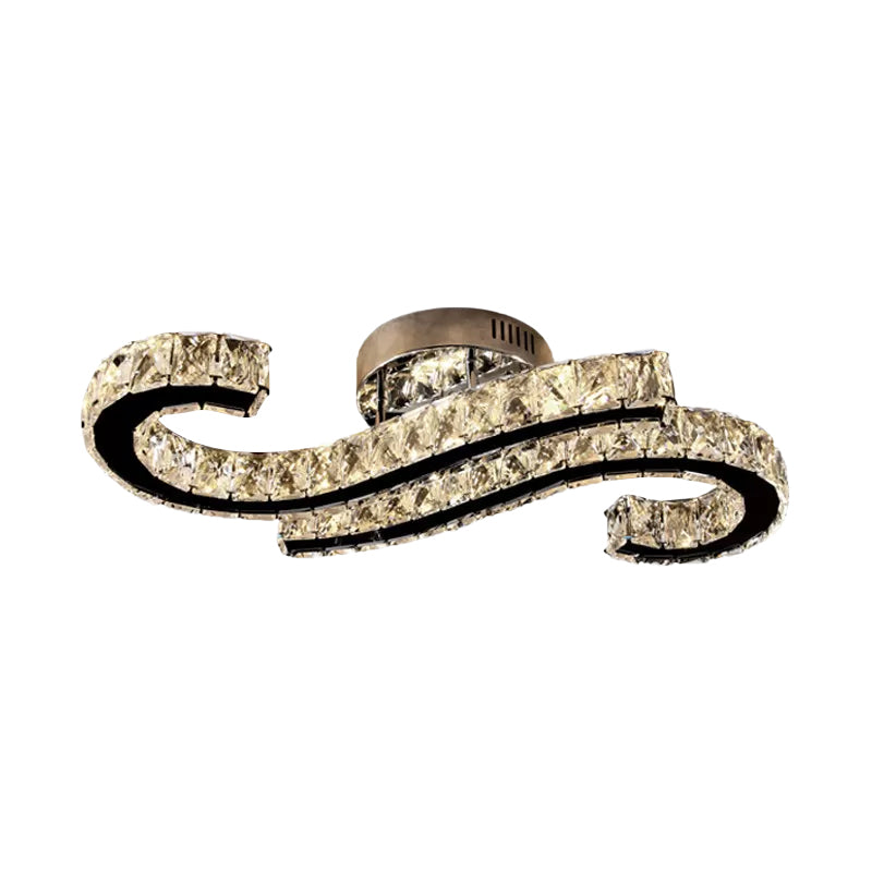 Hook LED Semi Mount Lighting Minimalist Faceted Crystal Stainless-Steel Ceiling Flush in Warm/White Light