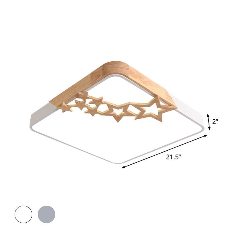 Square Acrylic Flush Mount Lamp Modern LED Grey/White Ceiling Light Fixture with Wooden Star Deco