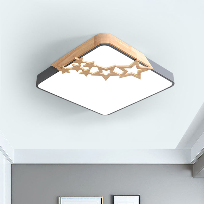 Square Acrylic Flush Mount Lamp Modern LED Grey/White Ceiling Light Fixture with Wooden Star Deco