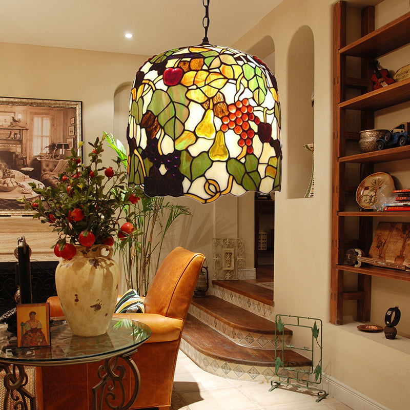 Lampada a sospensione a campana 1 testa verde taglio vetro Tiffany sospeso il soffitto con motivo uva/foglia